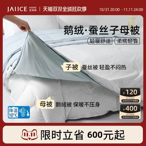 ll蚕丝羽绒二合一子母被95白鹅绒被子冬被拉链款被芯四季通