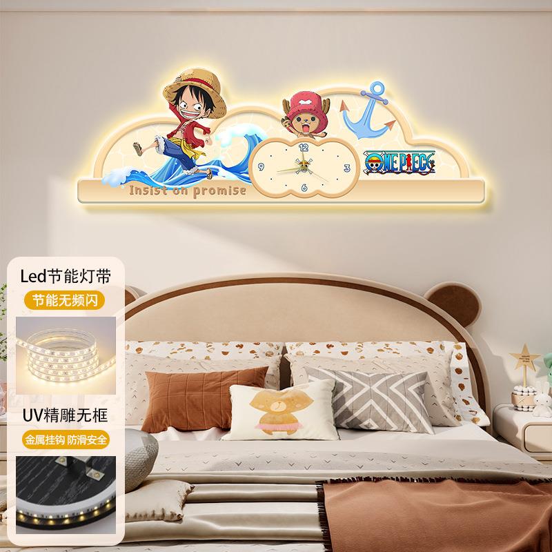 奶油风卡通儿童房装饰画钟表男女孩房间床头发光灯画卧室时钟壁画