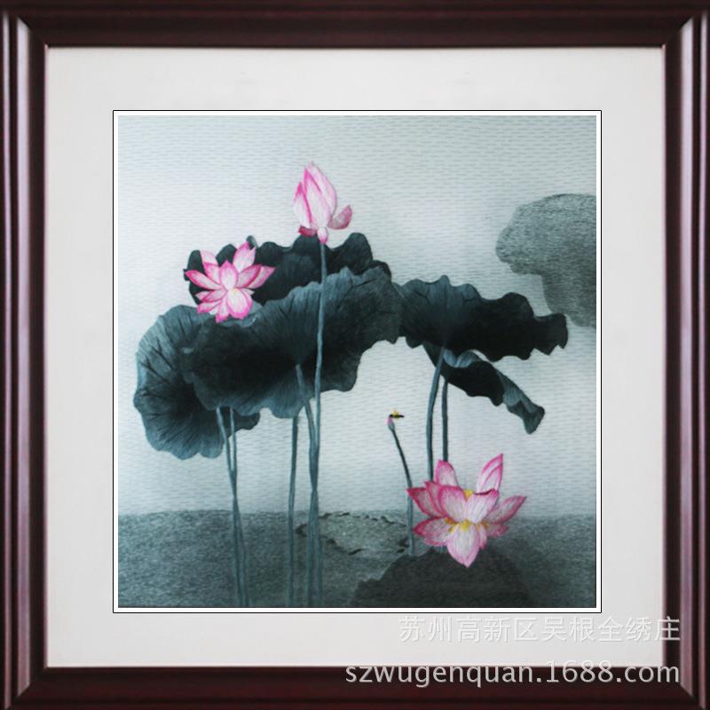苏绣成品挂画客厅书房装饰画苏州手工刺绣经典荷花四联幅图片