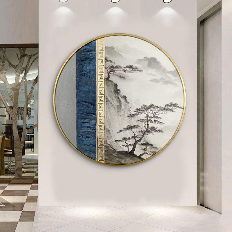 新中式入门走廊茶室禅意山水壁画沙发背景现代装饰画玄关圆形挂画