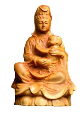 崖柏木雕送子观音摆件家用坐莲像供奉实木南海观音像送子菩萨