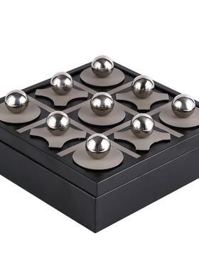 现代轻奢金属皮革样板间售楼处磨砂九宫格棋盘软装饰品收纳盒摆件