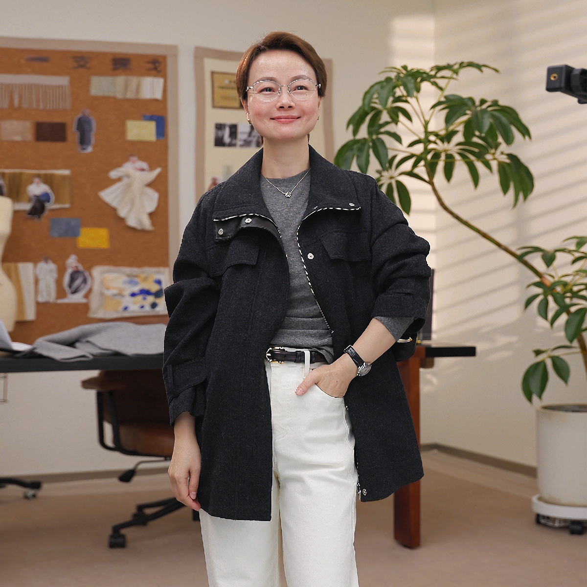 一支探戈丨小个子极简 1oo%绵羊毛皮料拼接夹克毛呢外套2611002