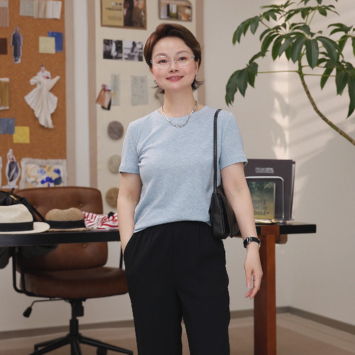 一支探戈小个子女装 极简百搭圆领短袖莱赛尔羊毛针织T恤2620206