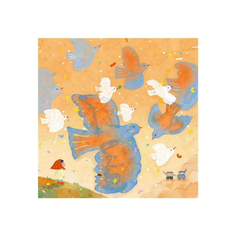 手绘油画人物小女孩飞鸟儿童房挂画床头画奶油风客厅背景墙装饰画