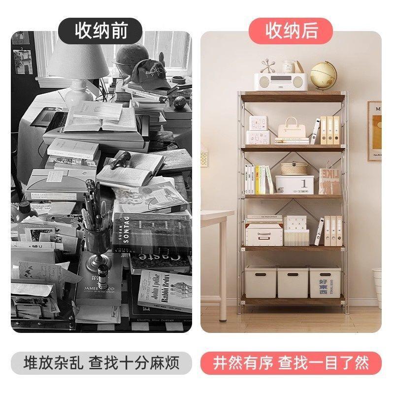 日式简约厨房实木置物架多功能收纳架不锈钢阳台收纳花盆架书架图片
