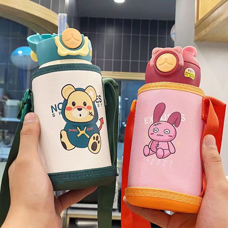 儿童保温杯316学生两用吸管保温水杯女背带可爱上学大肚杯子