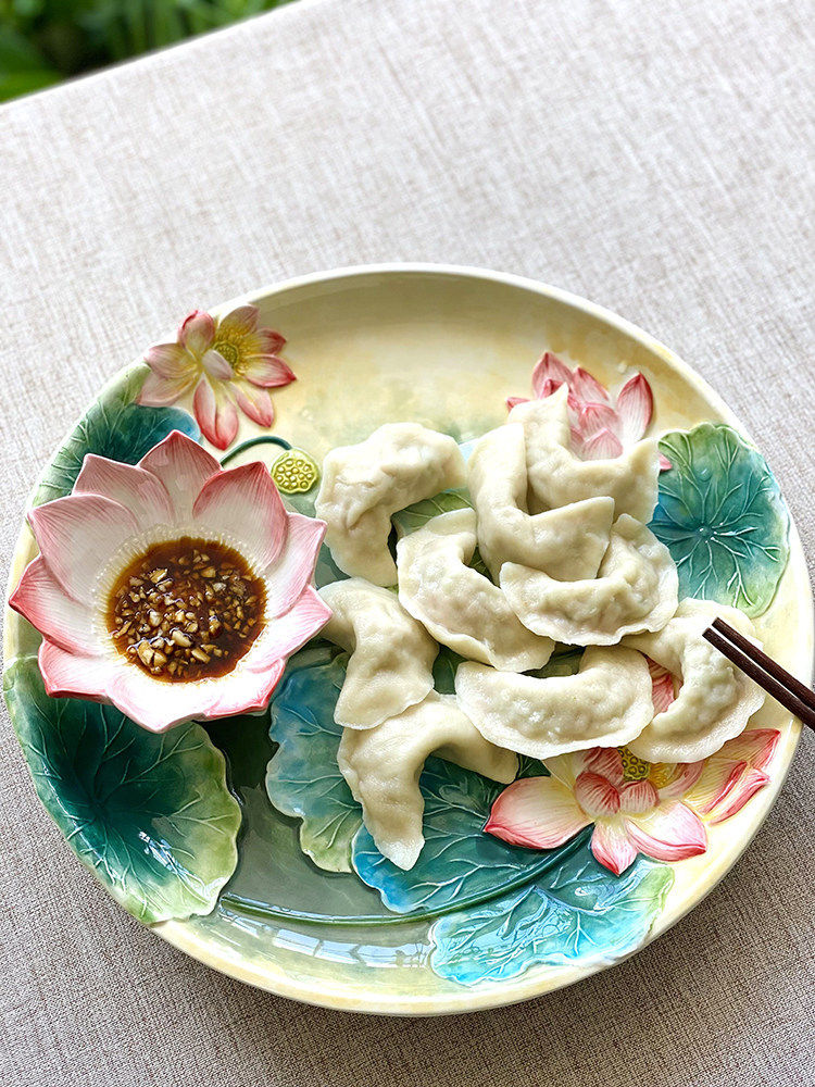 荷花创意新款饺子盘方亚陶瓷家用厨房餐盘摆盘艺术品