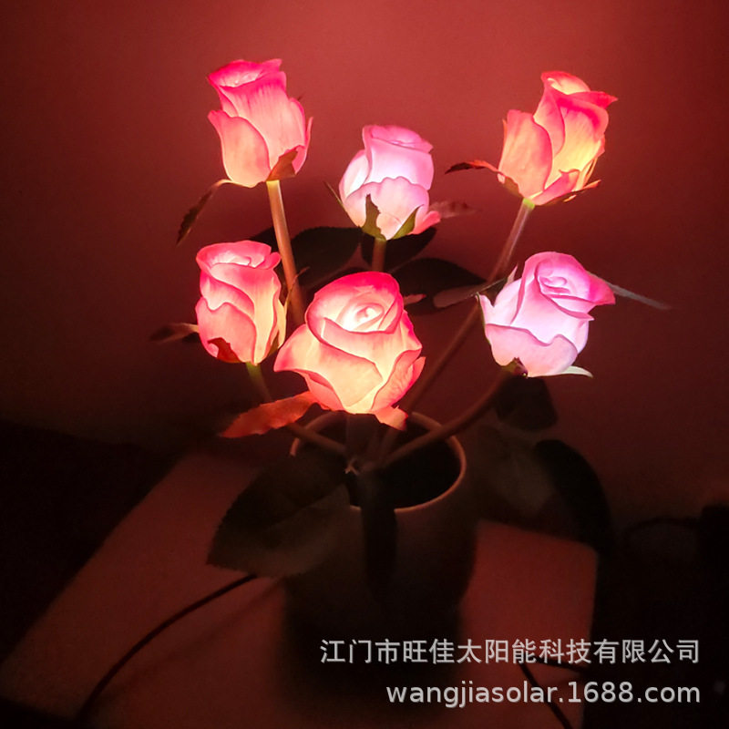 led玫瑰花盆灯仿真6头玫瑰花小夜灯家居摆件景观装饰台灯氛围灯
