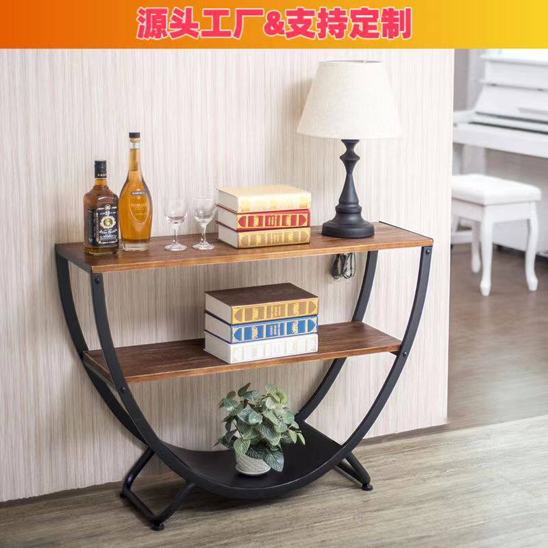 欧式复古玄关桌客厅入户正对门铁艺半圆墙边柜中式实木进门置物架