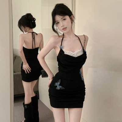 蝴蝶挂颈小礼服包臀吊带洋装短裙夏御姐轻熟小众不撞款性感纯欲