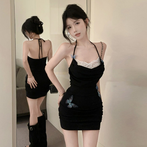 蝴蝶挂颈小礼服包臀吊带洋装短裙夏御姐轻熟小众不撞款性感纯欲