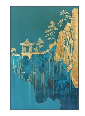新中式中国风山水高端大气绿色抽象客厅装饰画玄关壁画竖版挂画