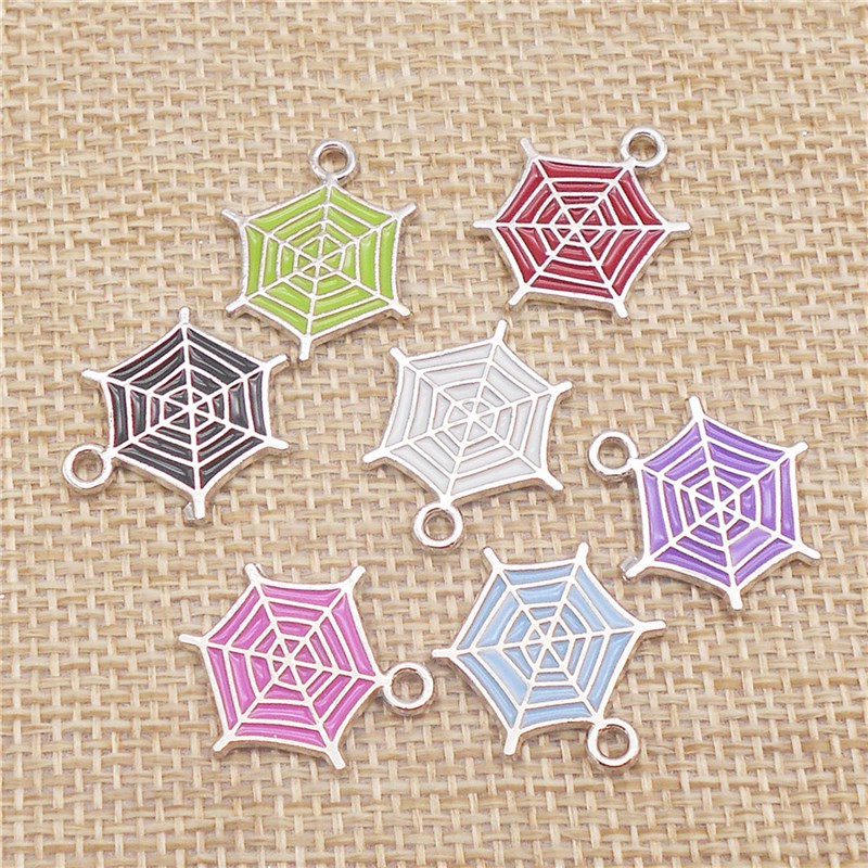 14PCS Enamel Halloween Cobweb Charms Alloy Spider Web Pendan