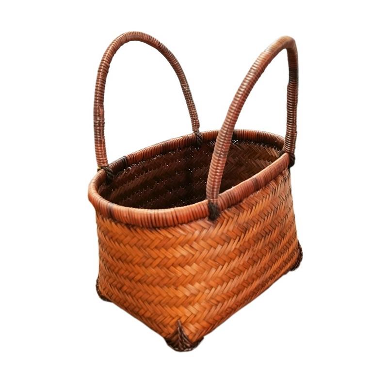 2023新款复古中式竹编买菜篮子手工编织提手篮竹制品购物篮染色竹