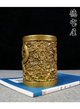 极速古玩铜器纯铜盘龙笔筒桌面摆件工艺品艺术品笔筒书房用品家居