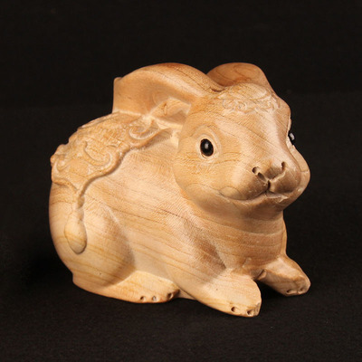 老桃木兔子摆件木雕刻生肖实木质制大小号一对可爱客厅桌面工艺礼