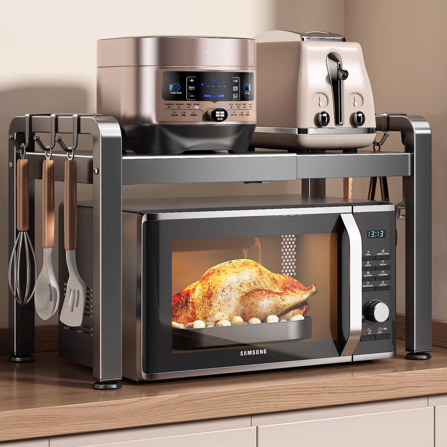 枪灰厨房微波炉置物架可伸缩家用烤箱架子台面桌面电饭煲收纳架子