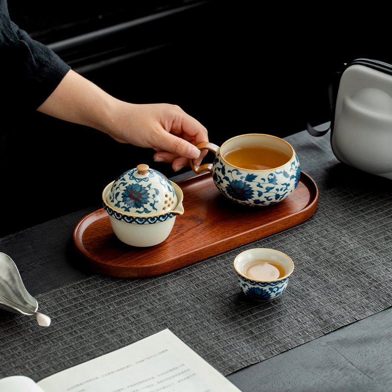 便携式旅行茶具套装青花瓷户外游单个人专用泡茶壶茶杯汝窑快客杯