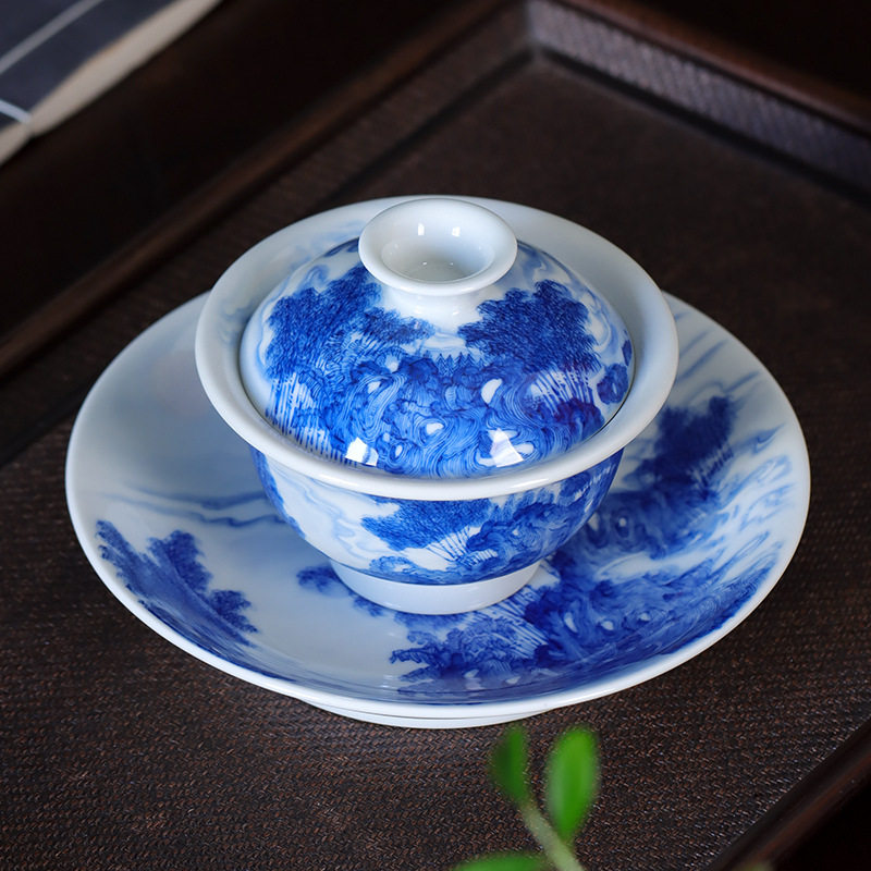 手绘青花竹石图二才盖碗壶承家用单个泡茶碗茶海茶盘茶台干泡盘