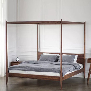 北美黑胡桃木新中式架子床四柱原木双人床极简式民宿客栈酒店家具