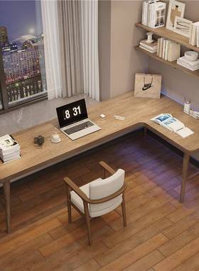 木转书桌书条架组合l型电脑桌实拐角双人角71982长学习写字桌子工