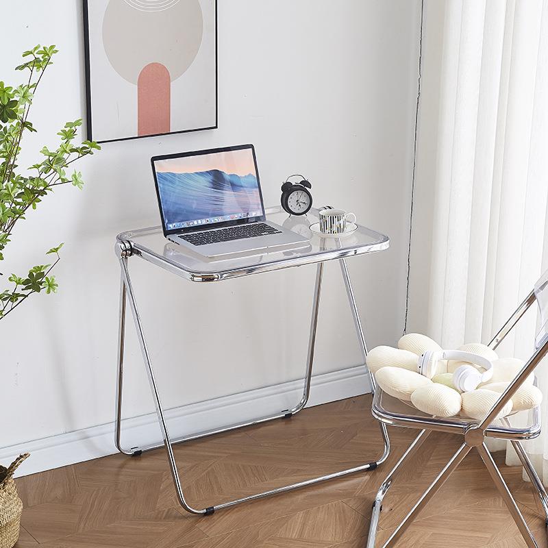 玻璃电脑亚桌家用力小书桌透明SQS折叠办公桌子克生卧室房间床边