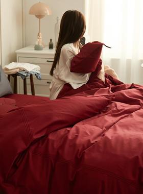 支简约红色结婚庆100贡缎长套绒棉纯棉四件婚被UUP嫁喜1.8m婚床全