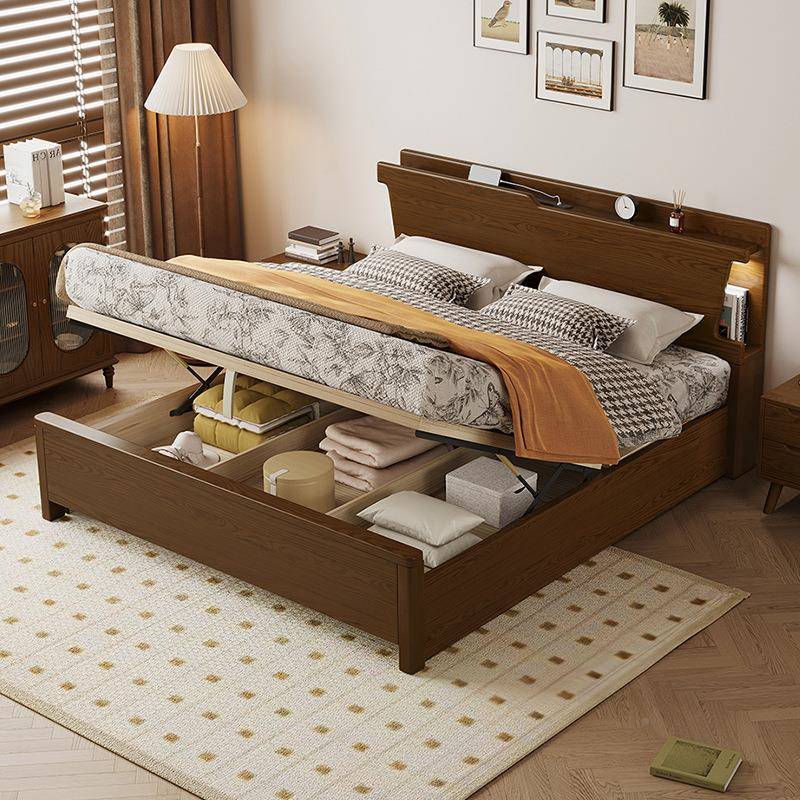 胡桃色实木复床架小户型1HOF米2木床加床垫美式古实床出用租房单