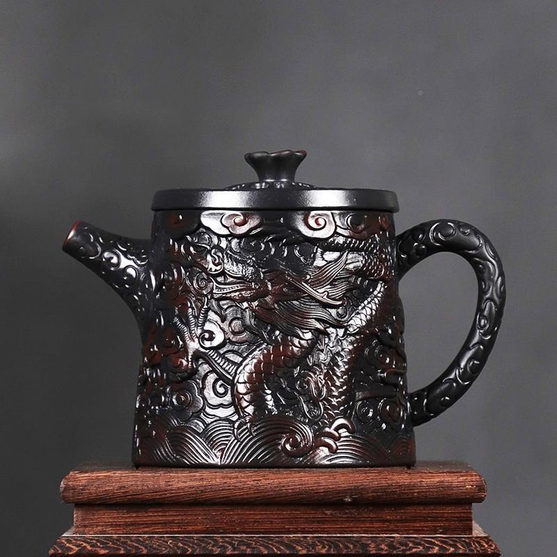 建水紫陶雕茶壶茶具全工刻祥秦权壶HHS紫陶壶泡茶龙专用家用泡手