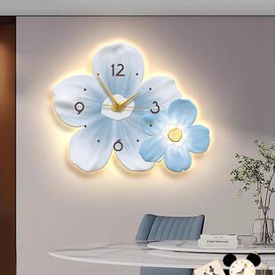 小清新客厅钟表装饰画led发光画壁灯奶油风餐厅时钟挂墙花卉挂钟