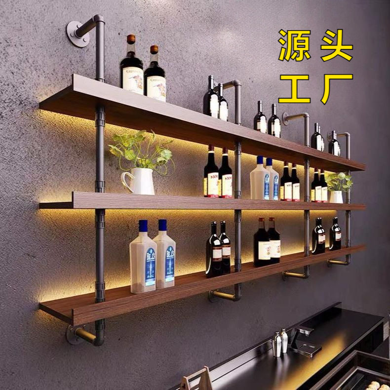 壁挂靠墙铁艺实木多层酒架