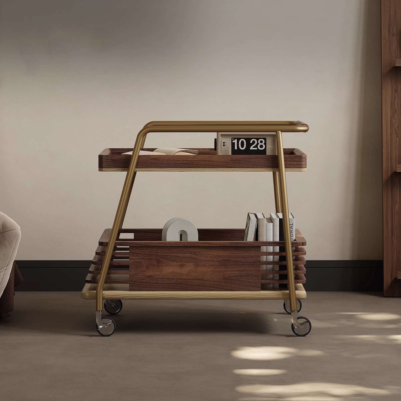 YH035b中古风黑胡桃木边几轻奢高级感可移动实木客厅小推车置物架