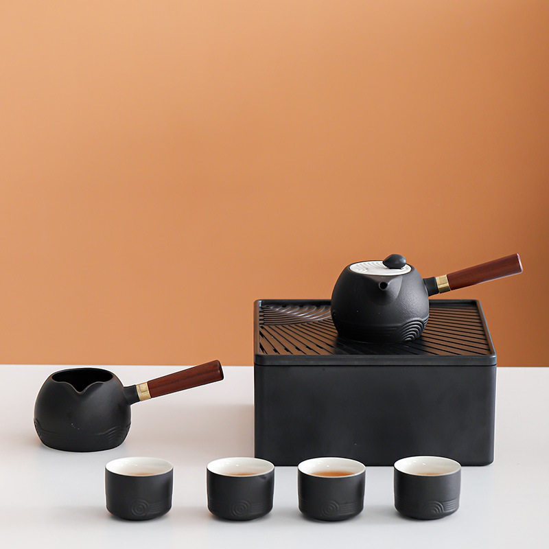 黑陶旅行茶具功夫套装家用简约收纳茶盒蓄水盘陶瓷茶杯整套便携式