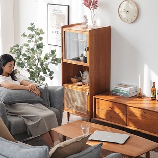 亚玎_花生高柜 北欧实木餐边柜多功能酒柜收纳储物立柜电视柜高柜