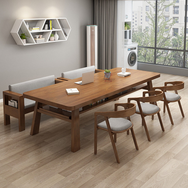 现代简约实木会议桌办公室洽谈长方形培训桌工作室办公双层电脑桌