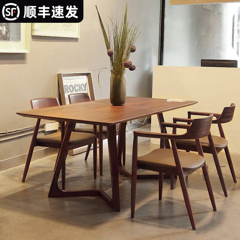 北欧原木长条茶桌餐桌椅组合