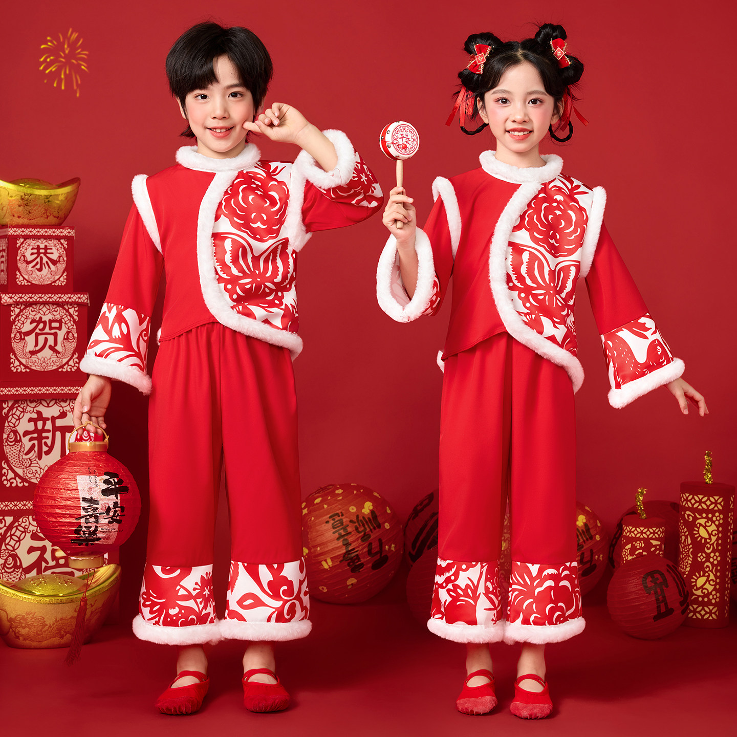 元旦儿童喜庆演出服男女孩拜年服幼儿园宝宝新年过年舞台表演服装