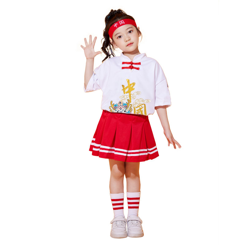 儿童啦啦队服装演出服中国红男女孩舞蹈衣服小学生运动会表演班服