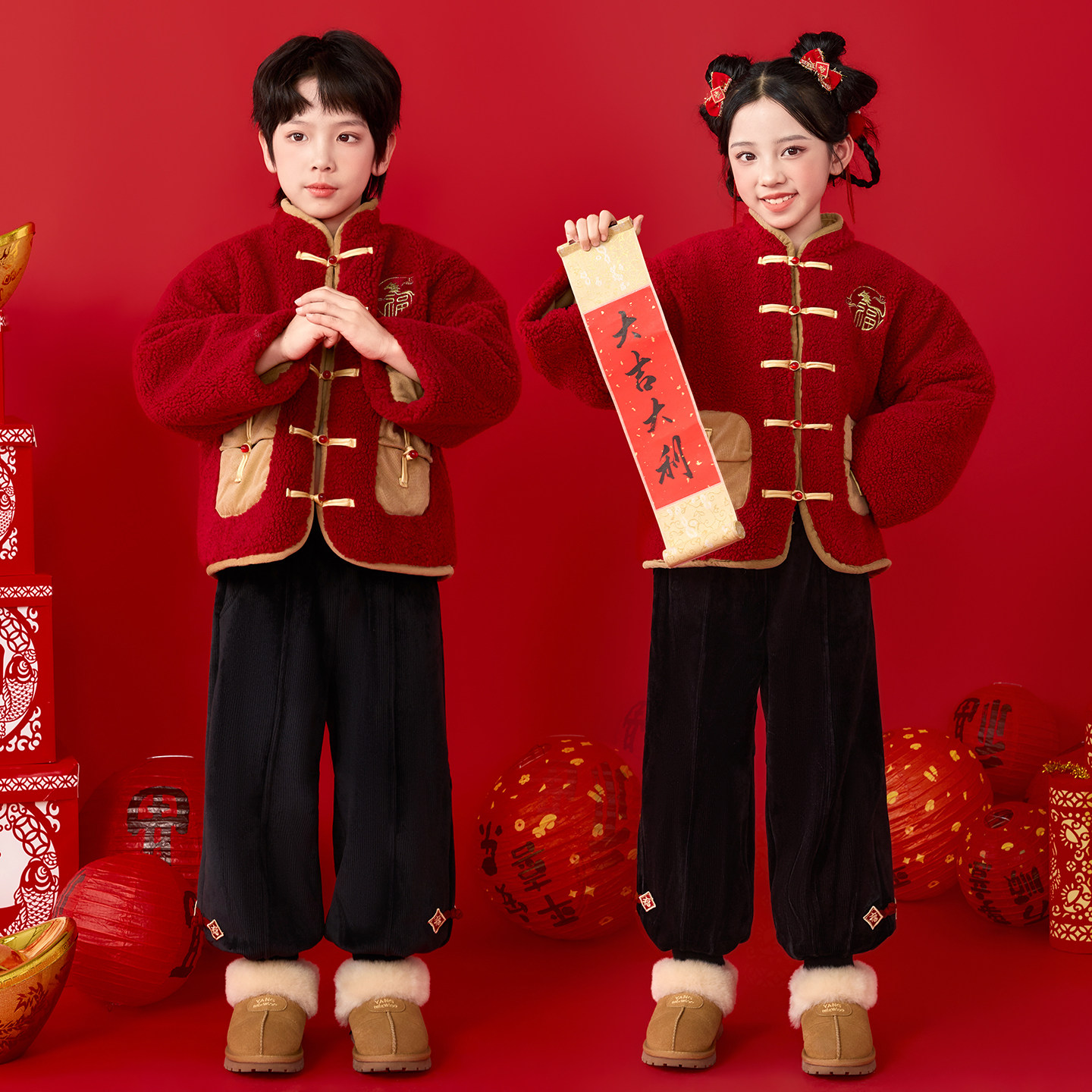 新款拜年服男女童演出服唐装宝宝加厚过年服中国风儿童喜庆新年服