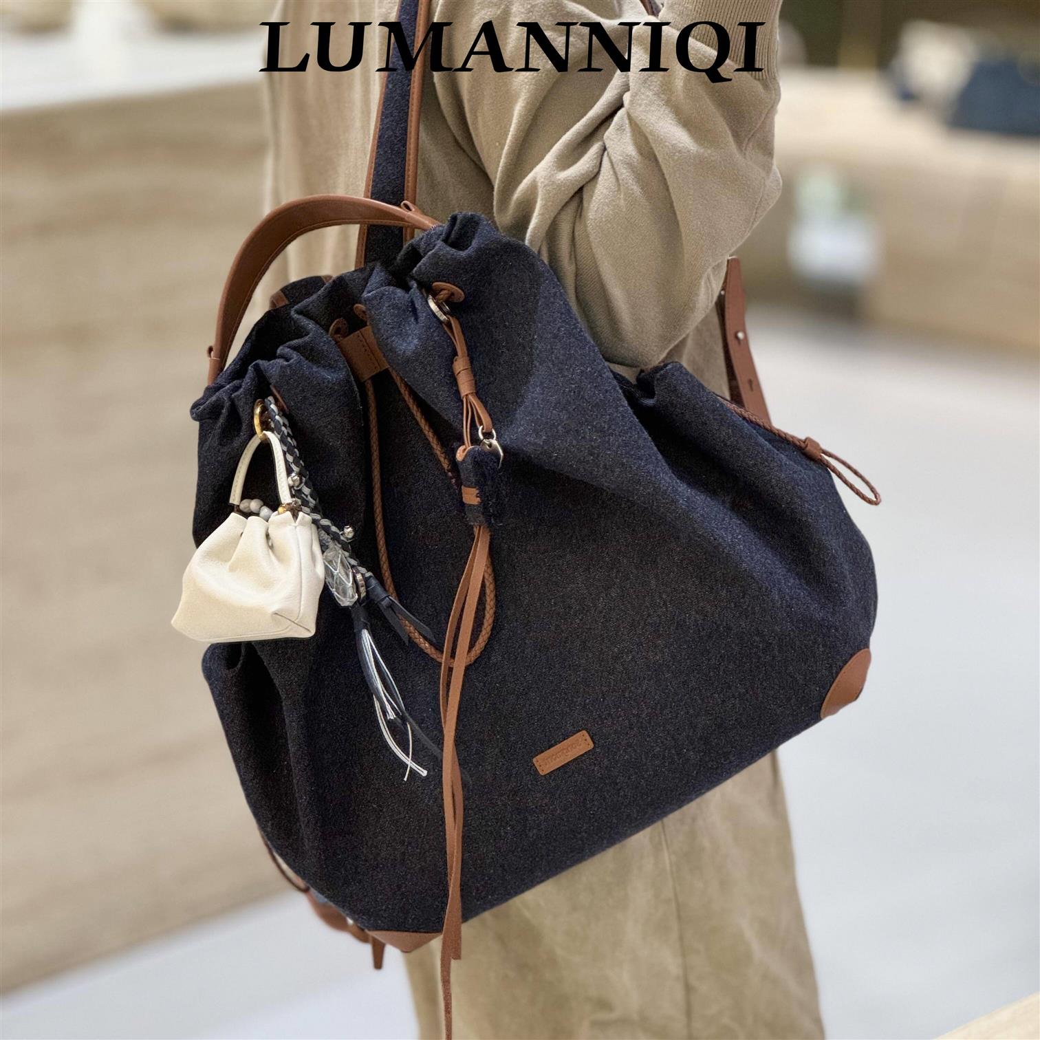 LUMANNIQI文淇同款登山真皮牛仔双肩包大容量男女通用旅游出差包