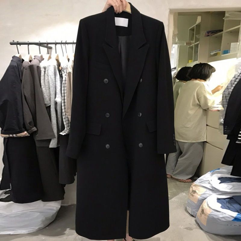 抖音旗舰 炜煜服饰 长版西装外套女春秋季韩版宽松双排扣风衣西服