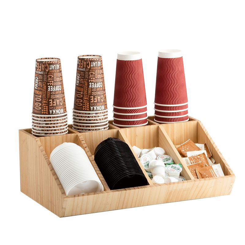 原木质奶茶杯架咖啡店吧台纸杯架取吸管纸巾杯盖收纳盒置物分杯器