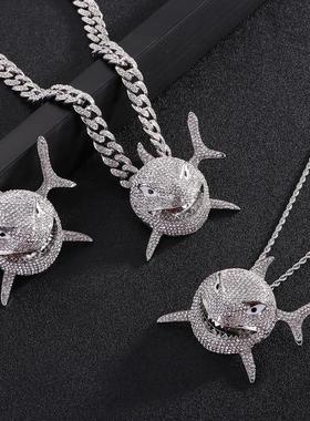 吊坠欧美鲨鱼嘻哈项链同款满6ix9ine钻男士说唱链大号shark锆石女