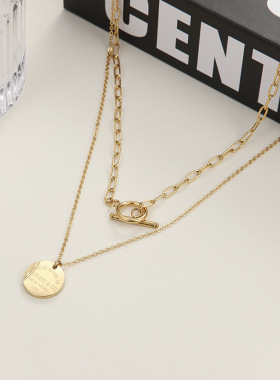 钛钢双层项链女圆牌锁骨链ins风设计感潮气质网红简约项饰品