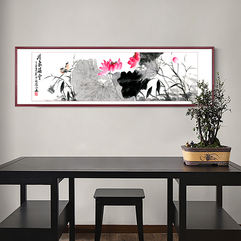 极速新款国画花鸟画客厅室挂画中装饰横幅字画带框式荷花写意卧水