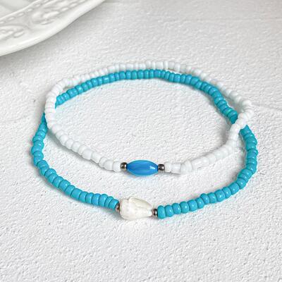 Conch rice Bead Blue White Anklet set 2 pieces脚链套装2件套