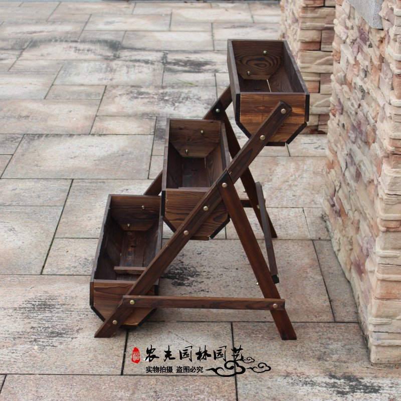 碳化实木户外阶梯花架阳台庭院花园木制花盆梯形木桶多层花器花槽
