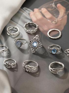 rings women 11pcs set 雕花镶钻星空宝石树叶复古关节戒指11件套