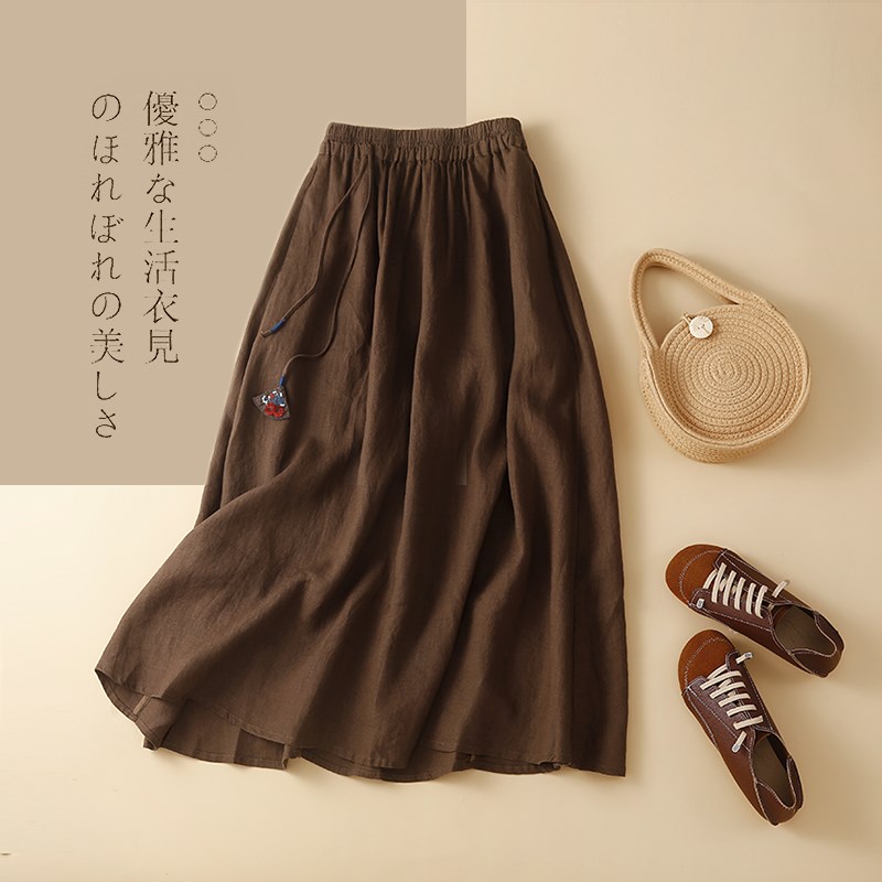 新品棉麻半身裙女夏季文艺范女装亚麻中长款裙子a字半裙苎麻半身